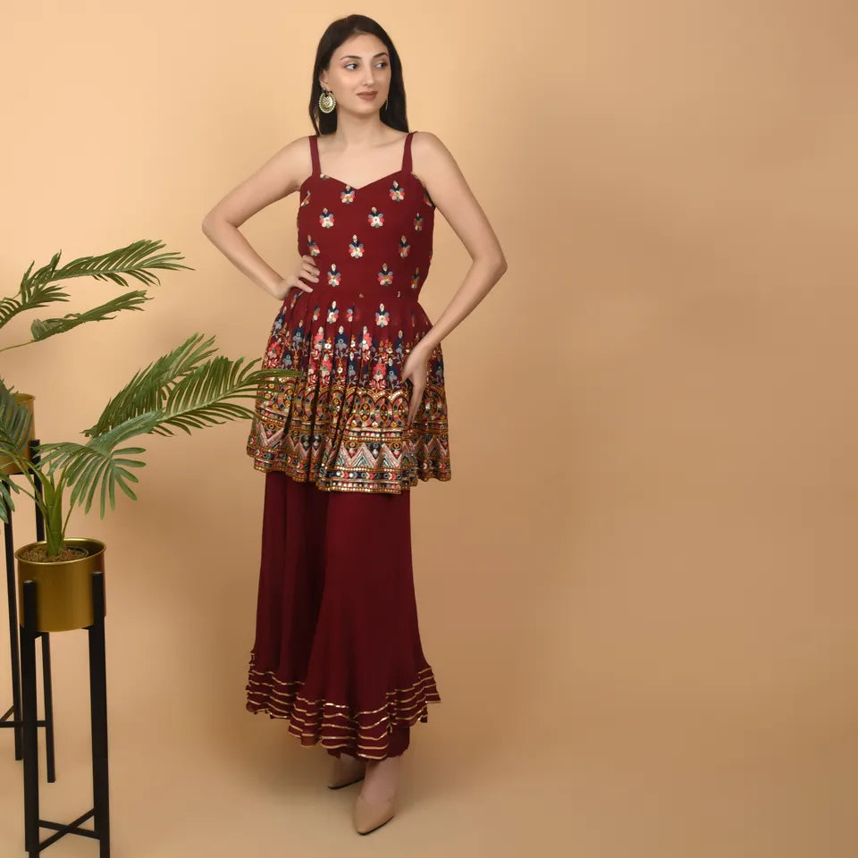 Pure Georgette Maroon Peplum Dress with palazzo and Computerized Embroidery - Stitched