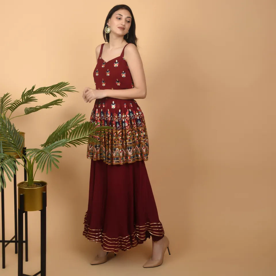 Pure Georgette Maroon Peplum Dress with palazzo and Computerized Embroidery - Stitched