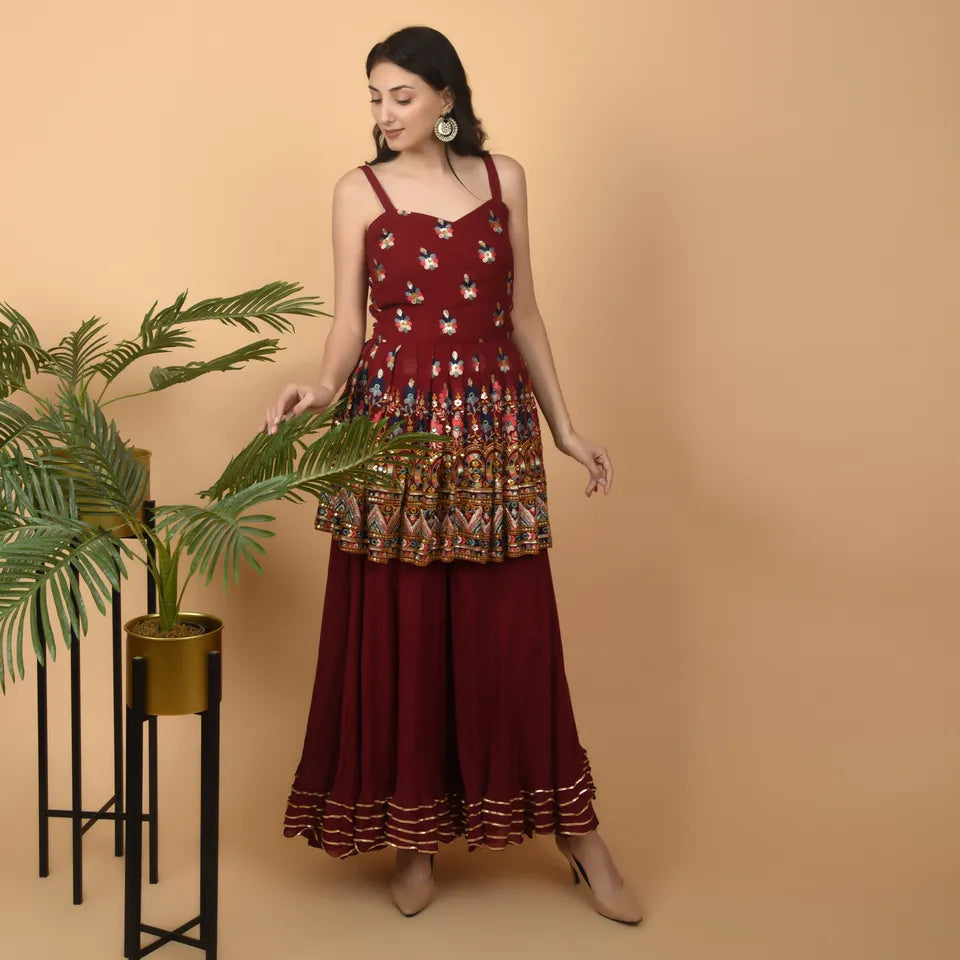 Pure Georgette Maroon Peplum Dress with palazzo and Computerized Embroidery - Stitched
