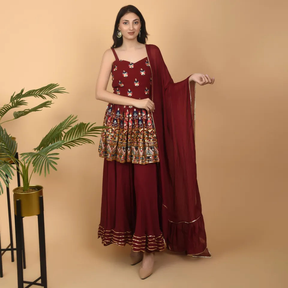 Pure Georgette Maroon Peplum Dress with palazzo and Computerized Embroidery - Stitched