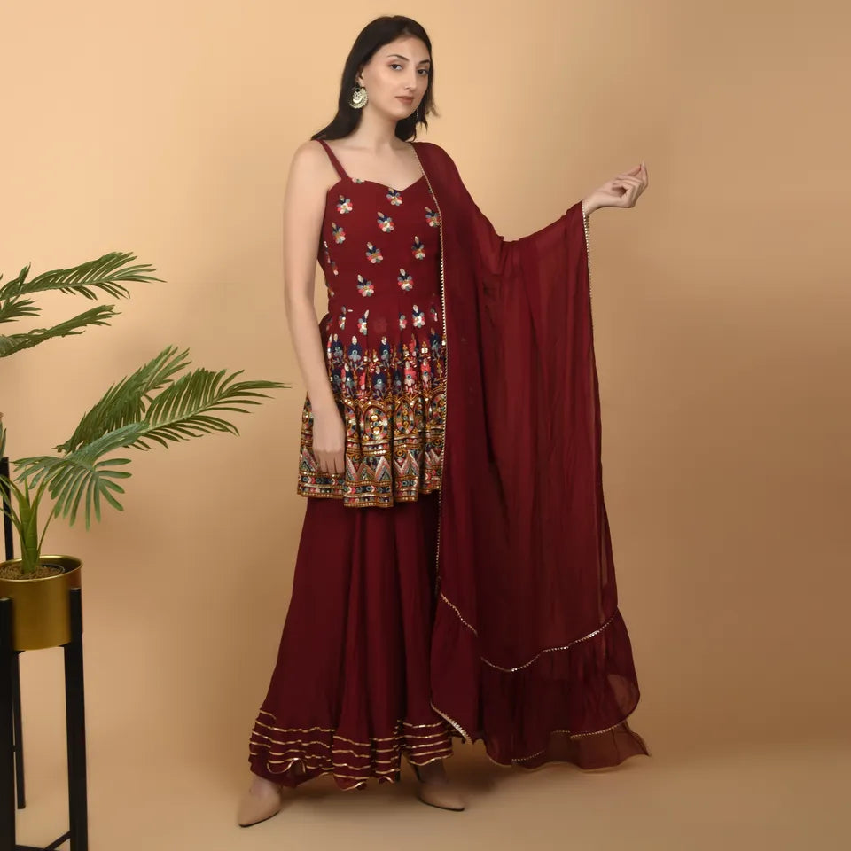 Pure Georgette Maroon Peplum Dress with palazzo and Computerized Embroidery - Stitched