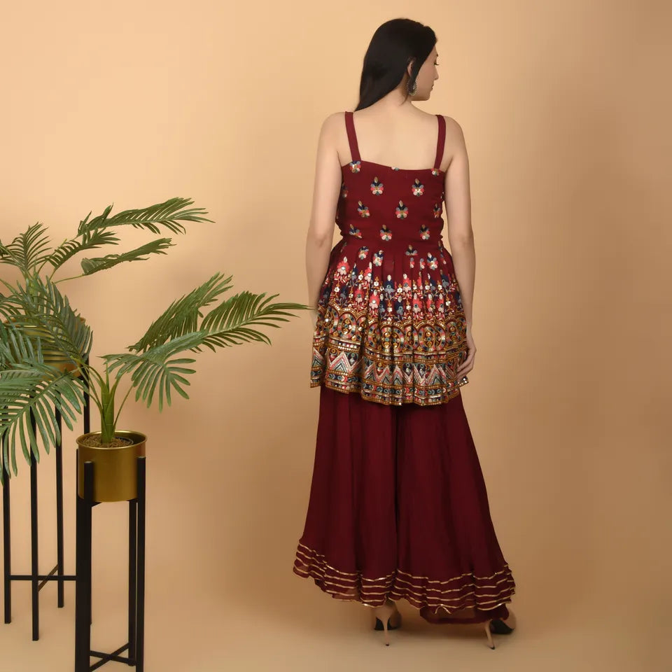 Pure Georgette Maroon Peplum Dress with palazzo and Computerized Embroidery - Stitched
