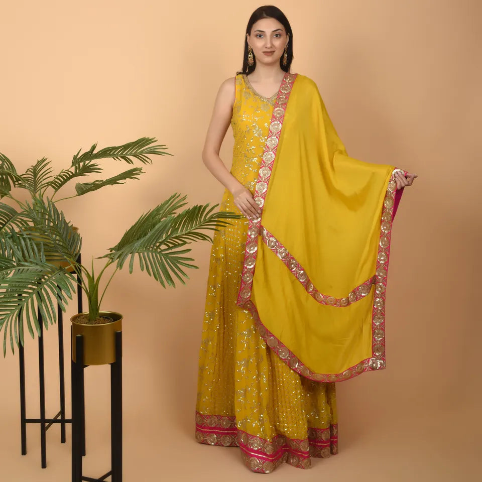 Yellow Georgette Dress with Magenta Borders and Designer Sequin Embroidery - Ready to Wear