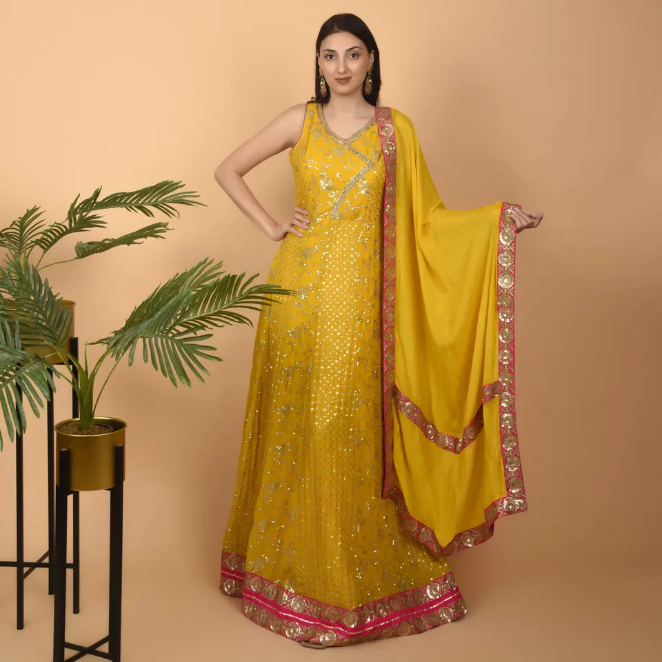 Yellow Georgette Dress with Magenta Borders and Designer Sequin Embroidery - Ready to Wear