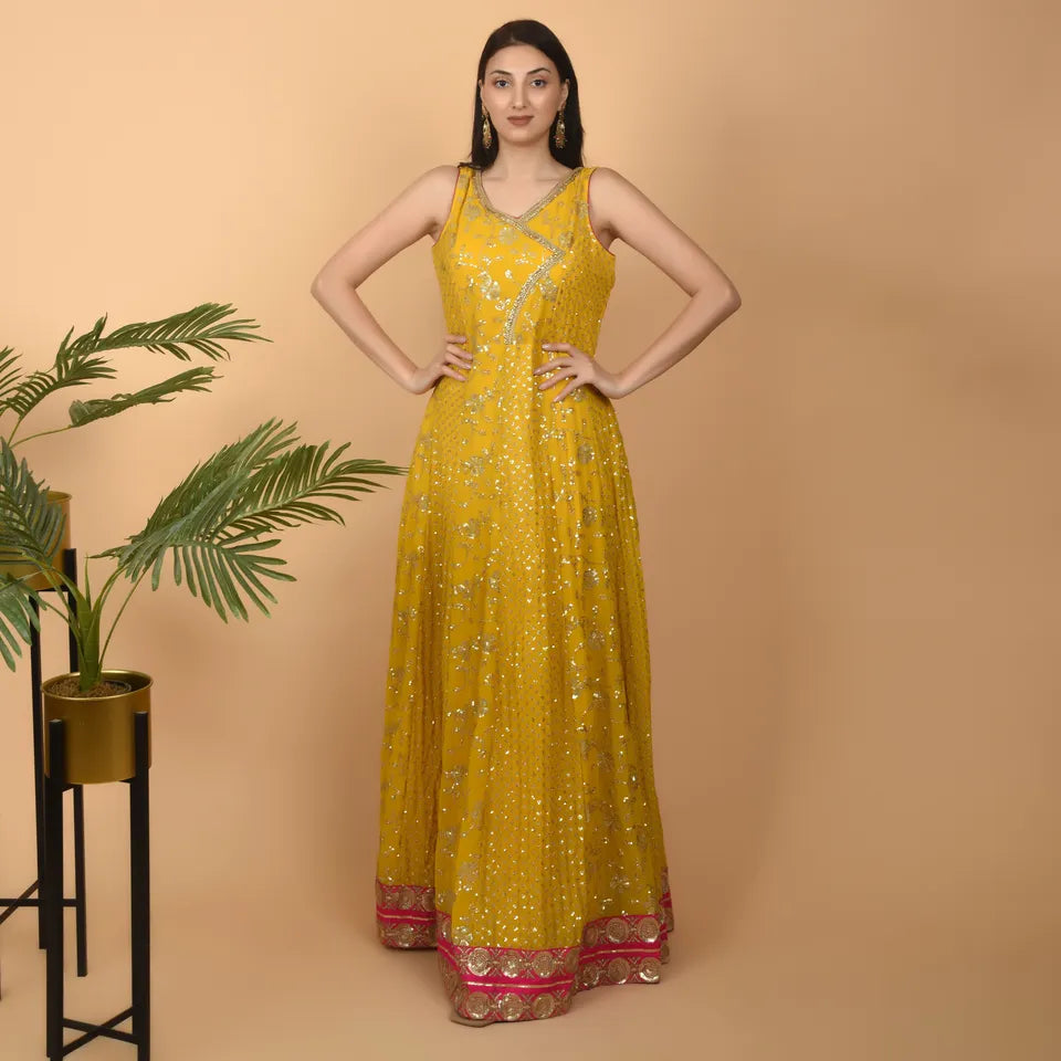 Yellow Georgette Dress with Magenta Borders and Designer Sequin Embroidery - Ready to Wear