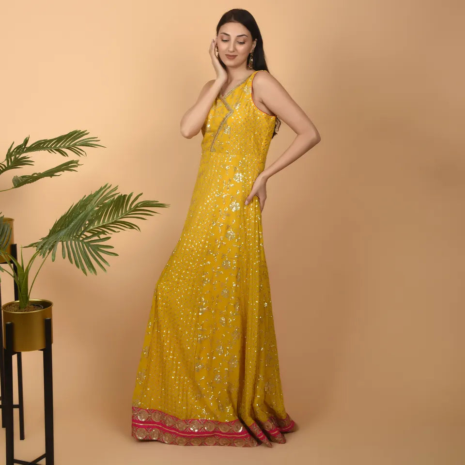Yellow Georgette Dress with Magenta Borders and Designer Sequin Embroidery - Ready to Wear