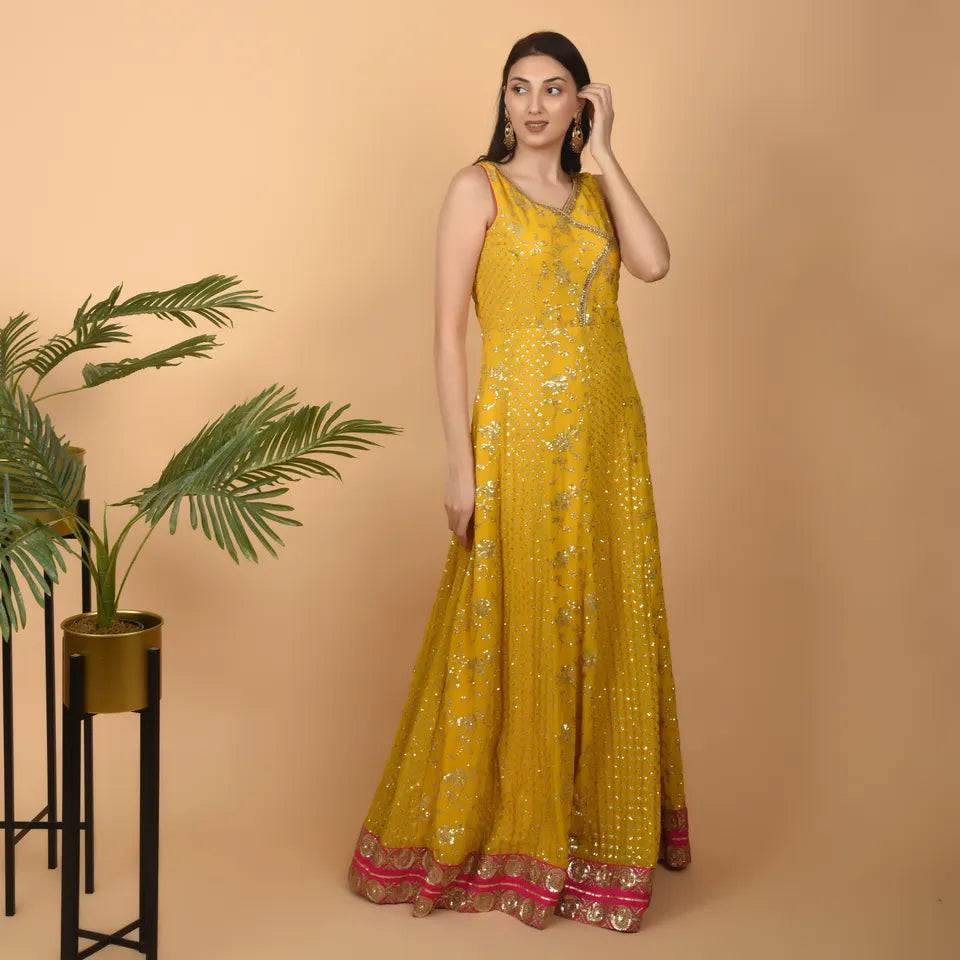 Yellow Georgette Dress with Magenta Borders and Designer Sequin Embroidery - Ready to Wear