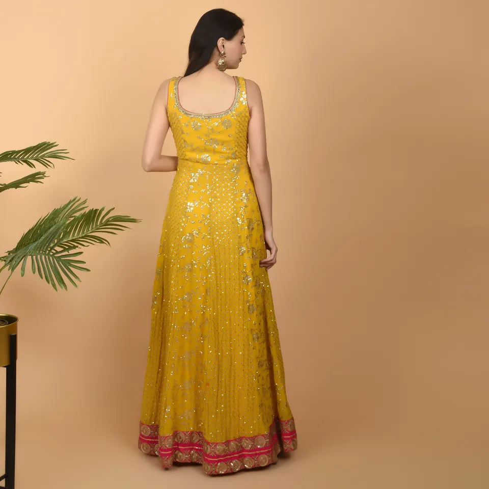 Yellow Georgette Dress with Magenta Borders and Designer Sequin Embroidery - Ready to Wear