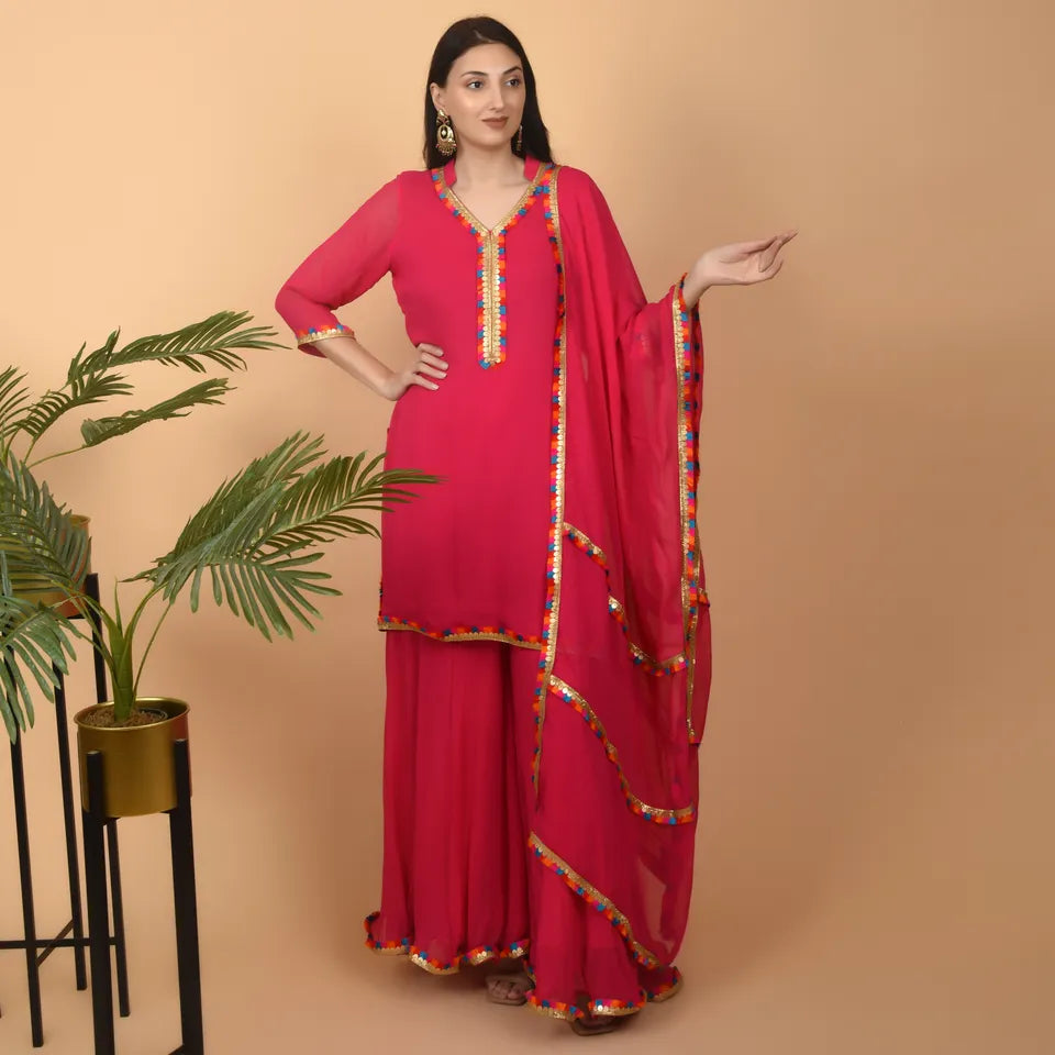 Classic Magenta Georgette suit with multicolored Lace for day to day wear