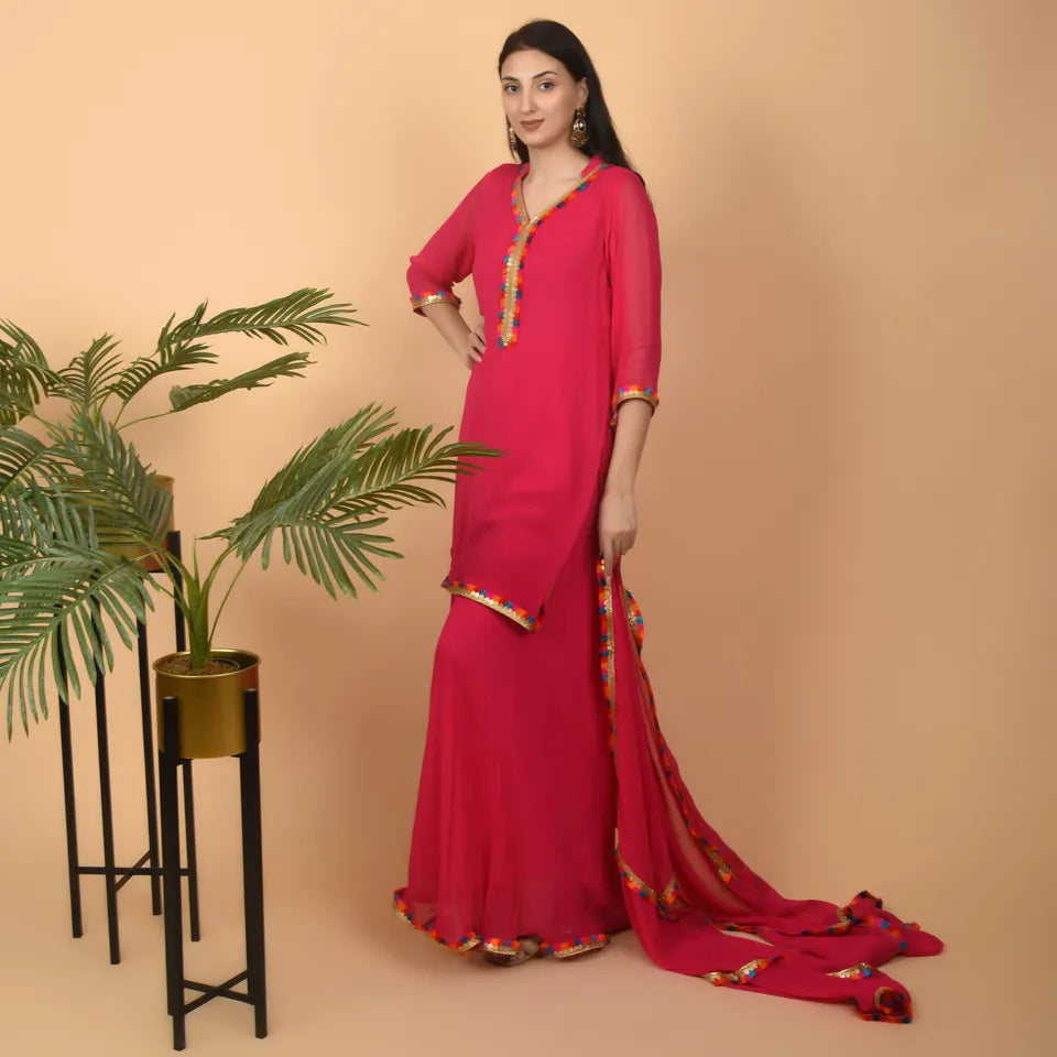 Classic Magenta Georgette suit with multicolored Lace for day to day wear