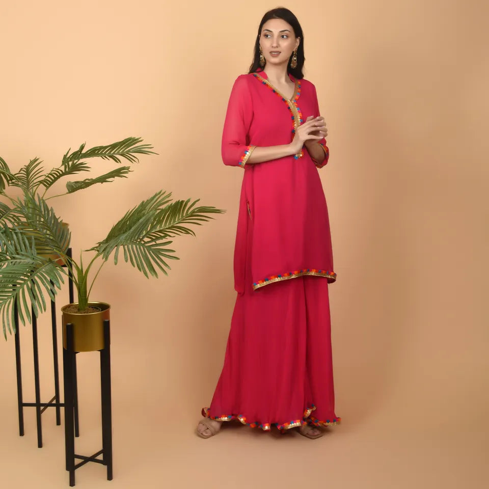 Classic Magenta Georgette suit with multicolored Lace for day to day wear