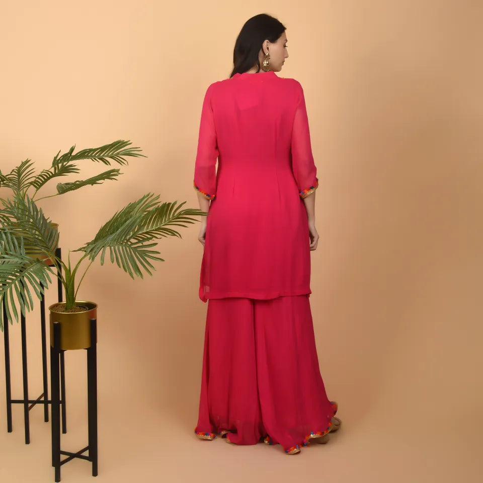 Classic Magenta Georgette suit with multicolored Lace for day to day wear