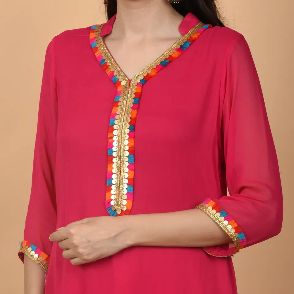 Classic Magenta Georgette suit with multicolored Lace for day to day wear
