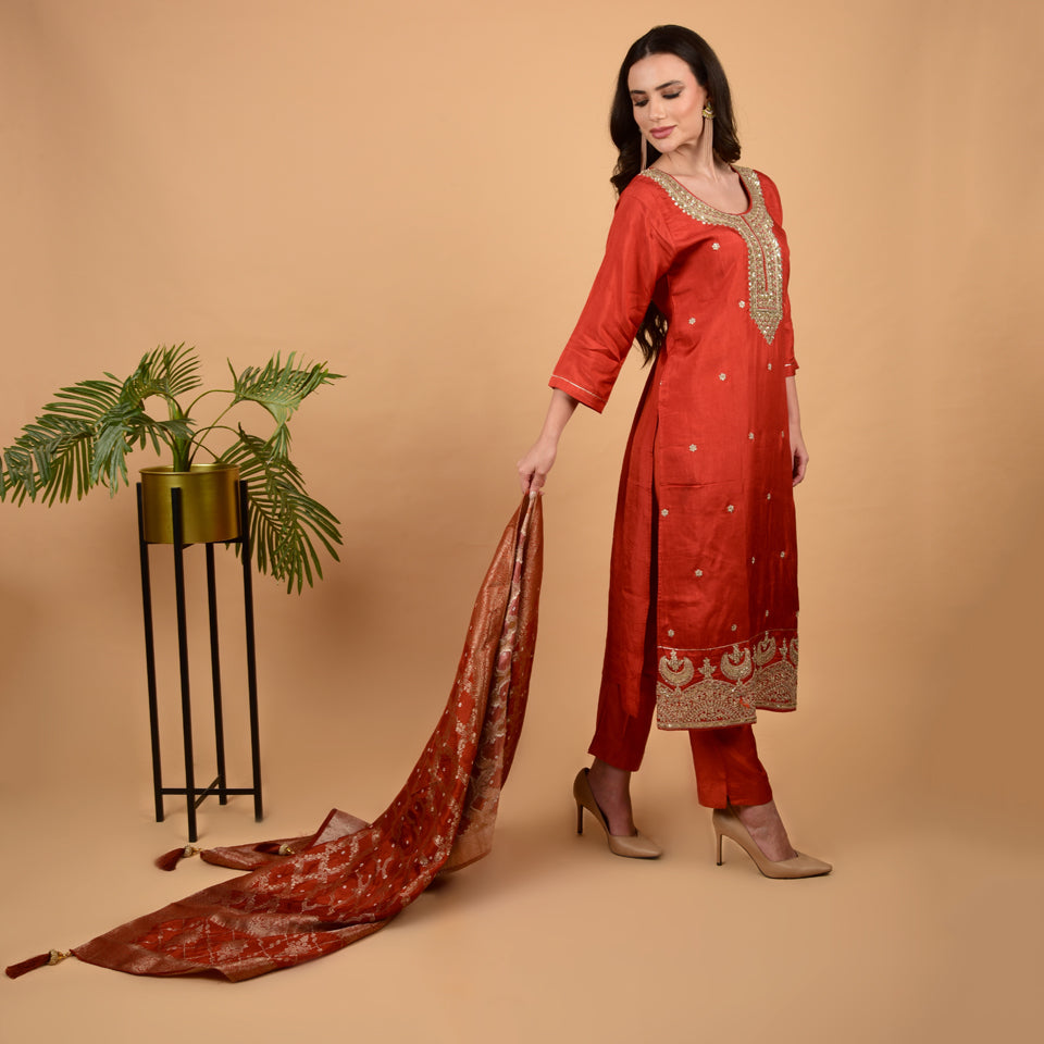 Regal Radiance: Rust Suit with Intricate Embroidery and Banarasi Grace