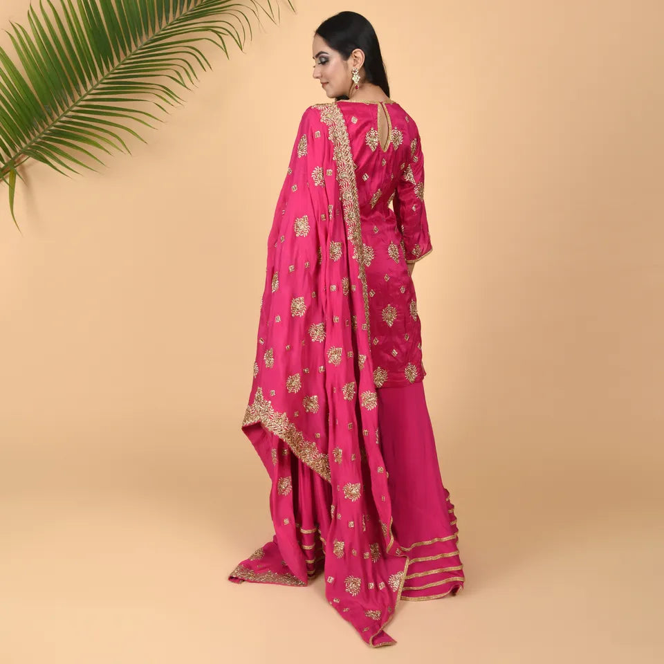 Magenta Mirage: Silk & Crepe 3-Piece Computerized Embroidered Suit