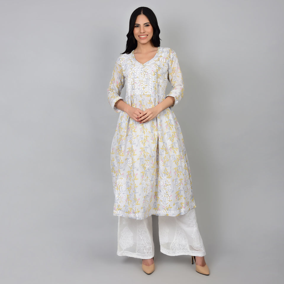 Timeless Simplicity: Cotton Cream Printed Lucknowi Kurta Set