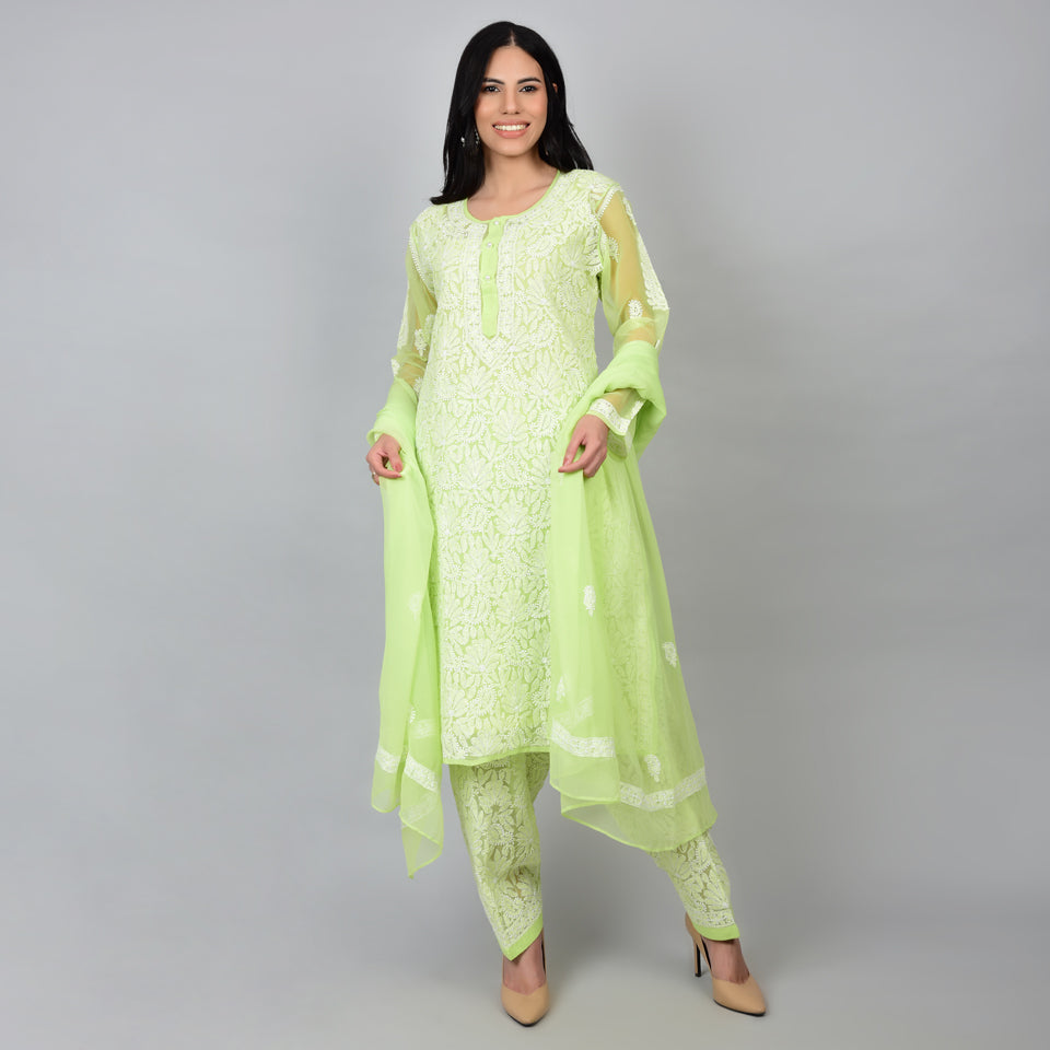 Luminous Charm: Lucknowi Kurta and Salwar in Light Green