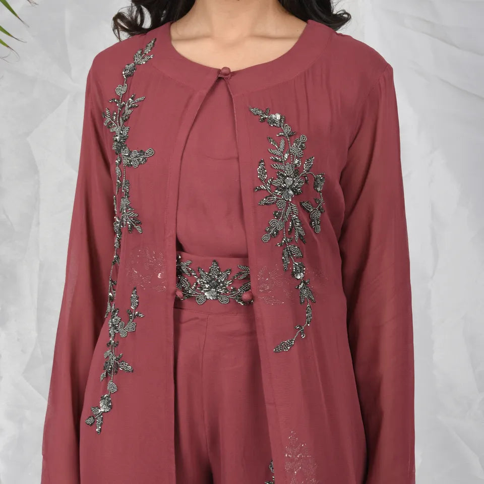 Maroon 3 Piece elegant set with hand embroidery