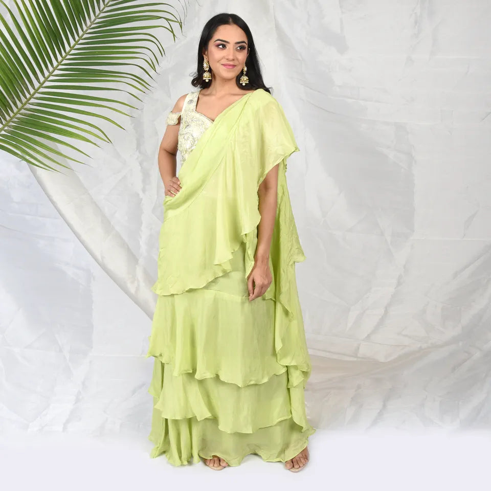 Lime Green Chinon Saree with Exquisite Jerken and Thread Handwork Blouse