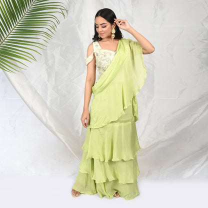 Lime Green Chinon Saree with Exquisite Jerken and Thread Handwork Blouse