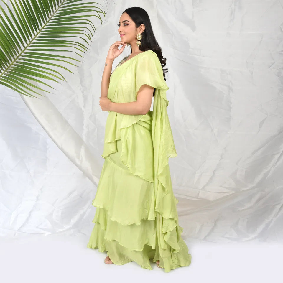 Lime Green Chinon Saree with Exquisite Jerken and Thread Handwork Blouse