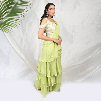 Lime Green Chinon Saree with Exquisite Jerken and Thread Handwork Blouse