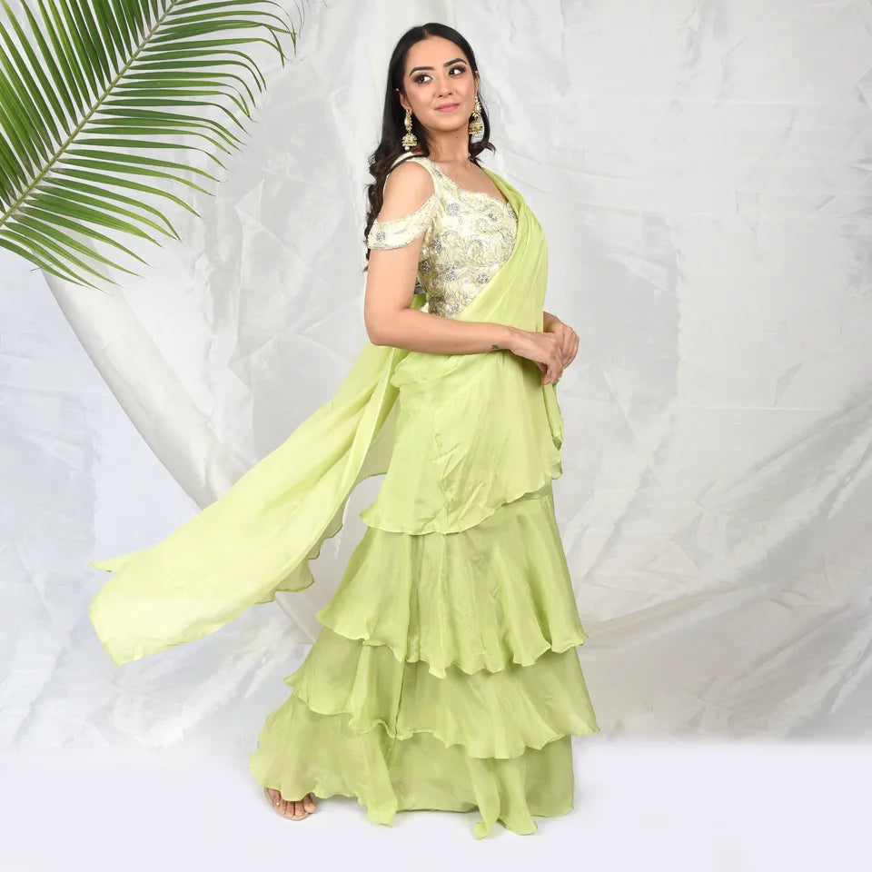 Lime Green Chinon Saree with Exquisite Jerken and Thread Handwork Blouse