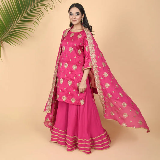Magenta Mirage: Silk & Crepe 3-Piece Computerized Embroidered Suit