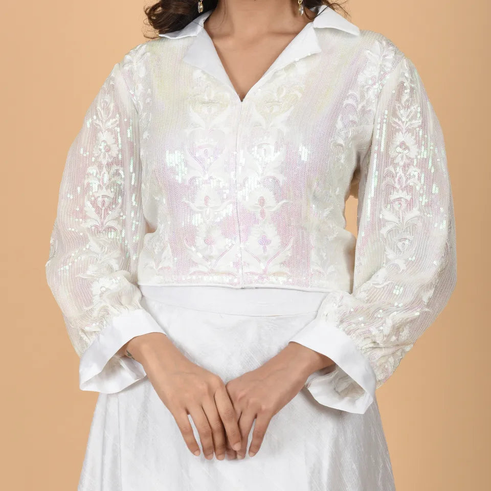 Pure Elegance: White Sequin-Embellished Designer Skirt and Blouse Set