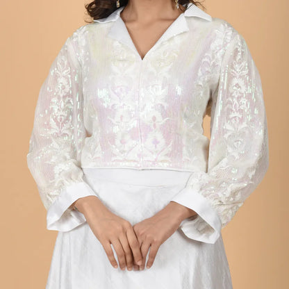 Pure Elegance: White Sequin-Embellished Designer Skirt and Blouse Set