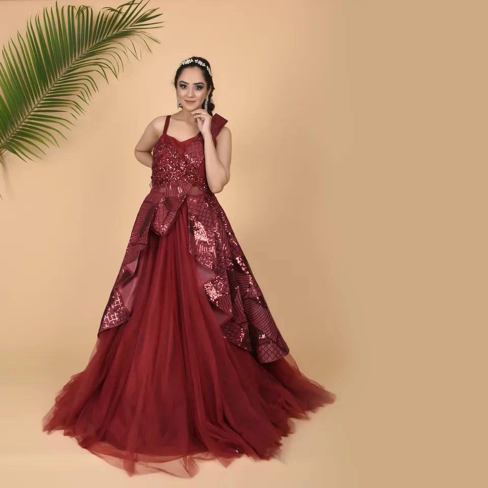 Luxury Evening Gown Maroon with Headgear – D&D Clothing