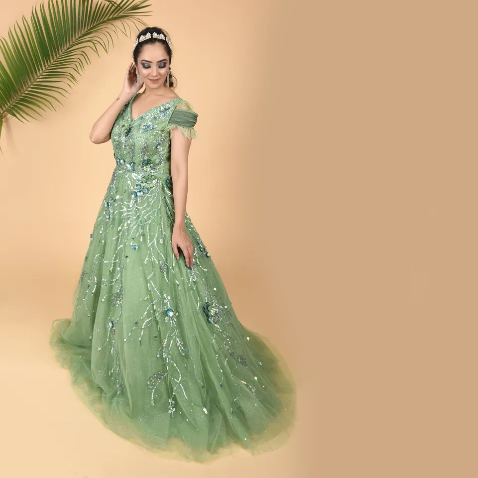 Sea Green Color Satin Foil Readymade Party Wear Gown Suit | Heenastyle