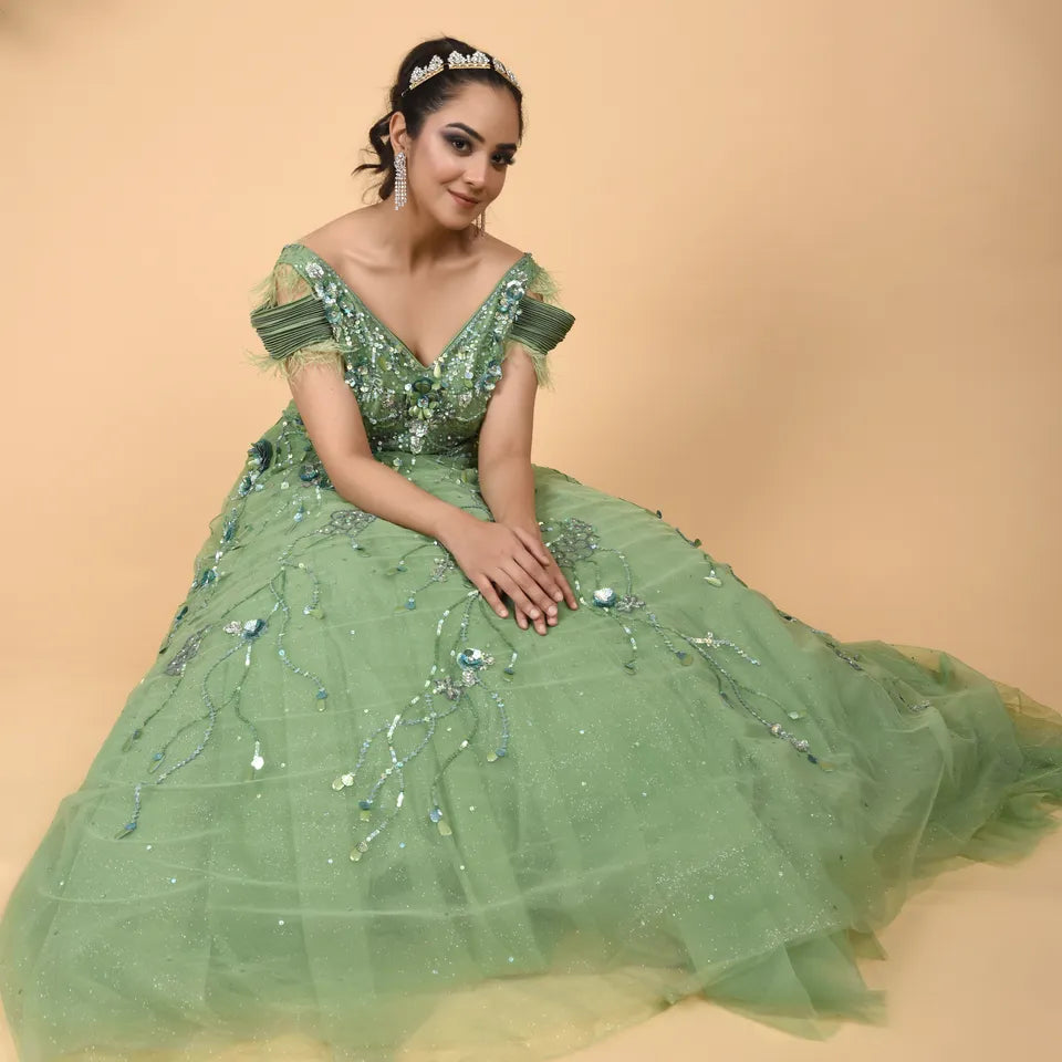 Georgette Mallika Green Gown Set with Organza Dupatta – Gulabo Jaipur