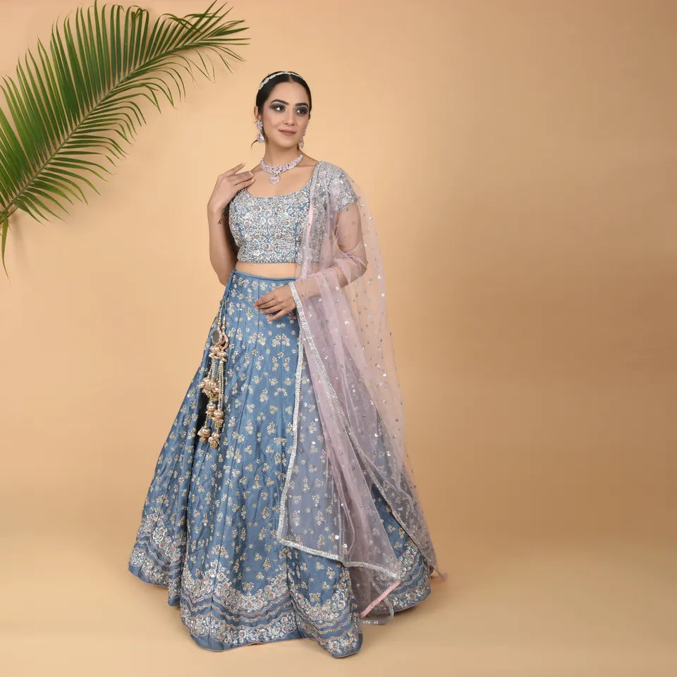 Ice Blue Elegance: Raw Silk 3-Piece Ensemble with Hand Embroidery