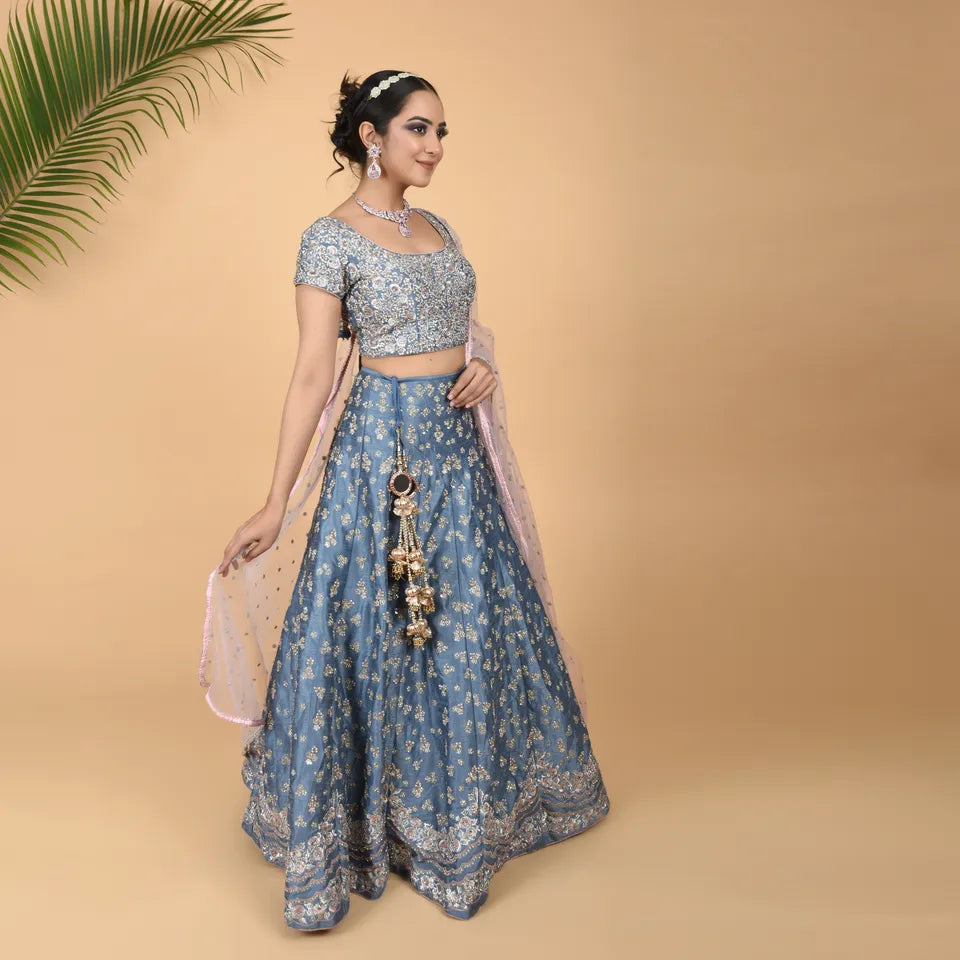 Ice Blue Elegance: Raw Silk 3-Piece Ensemble with Hand Embroidery