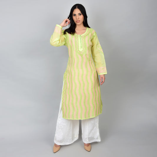 Grace in Pastels: Light Green Kurti with Pink Chikankari Embroidery