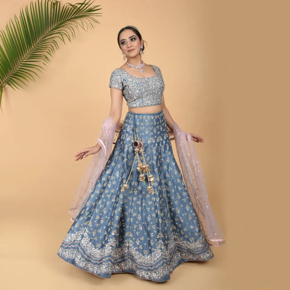 Ice Blue Elegance: Raw Silk 3-Piece Ensemble with Hand Embroidery