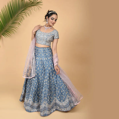 Ice Blue Elegance: Raw Silk 3-Piece Ensemble with Hand Embroidery