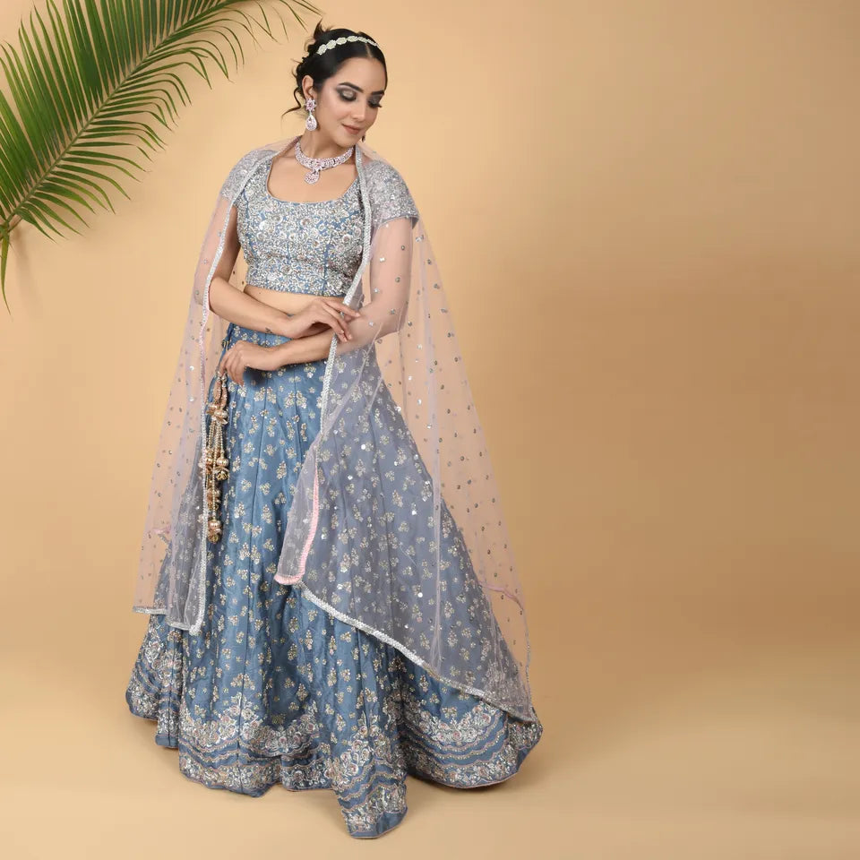 Ice Blue Elegance: Raw Silk 3-Piece Ensemble with Hand Embroidery