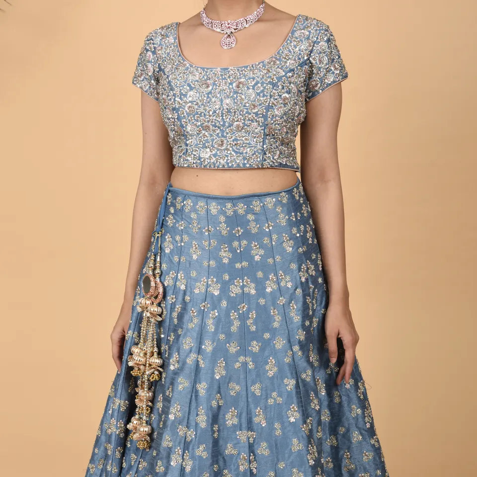 Ice Blue Elegance: Raw Silk 3-Piece Ensemble with Hand Embroidery