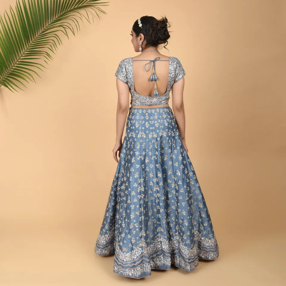 Ice Blue Elegance: Raw Silk 3-Piece Ensemble with Hand Embroidery