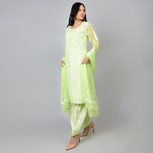 Luminous Charm: Lucknowi Kurta and Salwar in Light Green